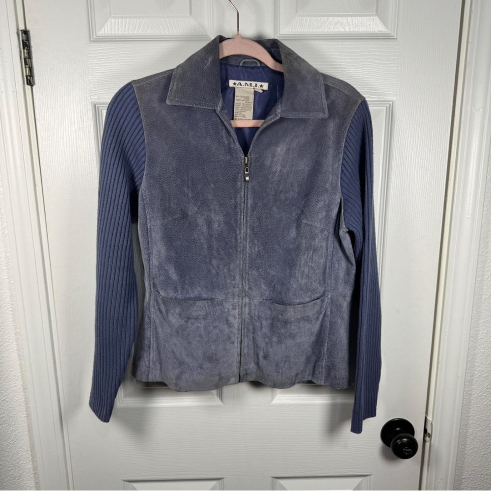 AMI Women's Blue‎ Leather Jacket with Knit Sleeves